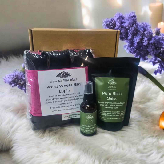 Waist wheat bag gift pack includes waist wheat bag, lavender spray, pure bliss bath salts and a gift box