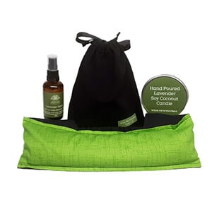 Headache wheat bag gift set, including wheat bag, lavender candle and lavender spray